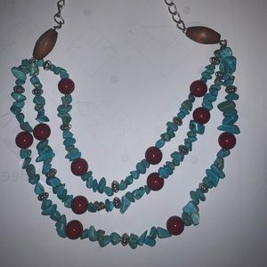 Necklace - turquoise, red and silver